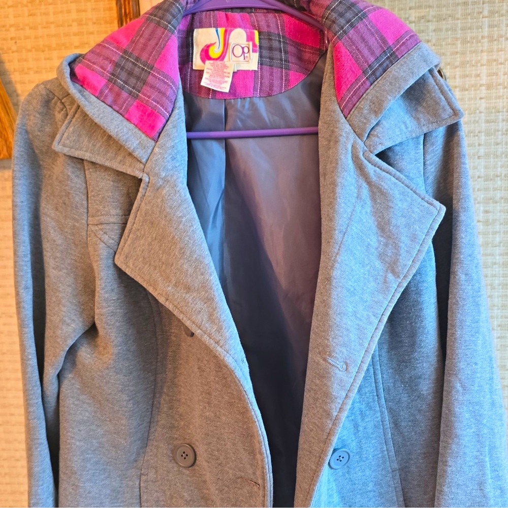 Op Women's Gray Hooded Pea Coat Jacket Plaid Lined Pockets Button M